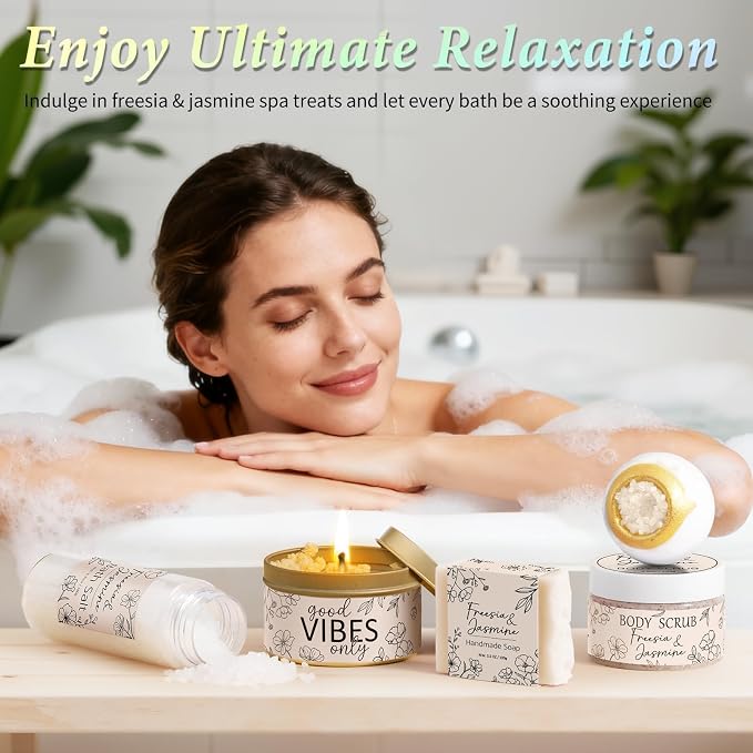 Spa Gifts for Women Bath Gift Set, Freesia & Jasmine Spa Gift Basket Home Bath Set Self Care Kit Care Package Thank You Birthday Mothers Day Easter Gifts for Women Her Mom Friend Sister Teen Girl Wife