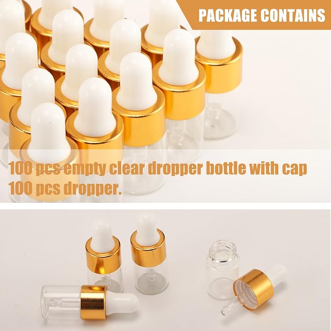 100 Pcs Sample Dropper Bottles,1ml Clear Glass Dropper Bottles,Clear Essential Small Empty Bottle for Cosmetic Liquid Perfume,Empty Travel Sample Vials with Gold Cap(1 ml,Gold)