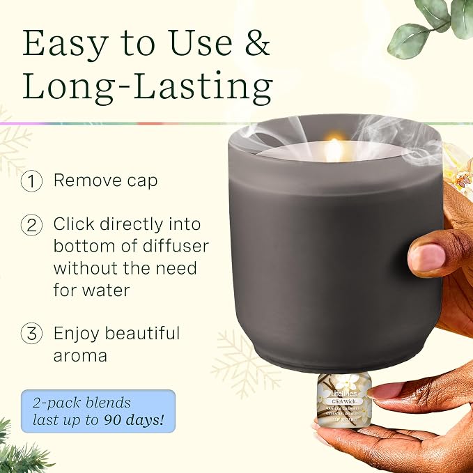 Lifelines Flameless Candle Diffuser - Winter Edition Gift Set - Aromatherapy Essential Oil Diffuser with 2 Holiday ClickWick Blends - Cordless & Waterless for Home - Electric Candles Blow Out Flame