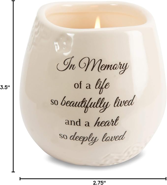 Pavilion 'In Memory, Beautifully Lived' 19178 - White Ceramic Candle with Soy Wax in a Delicate Floral Scent, Thoughtful Sympathy, Remembrance, and Condolence Gift - 8 Ounces