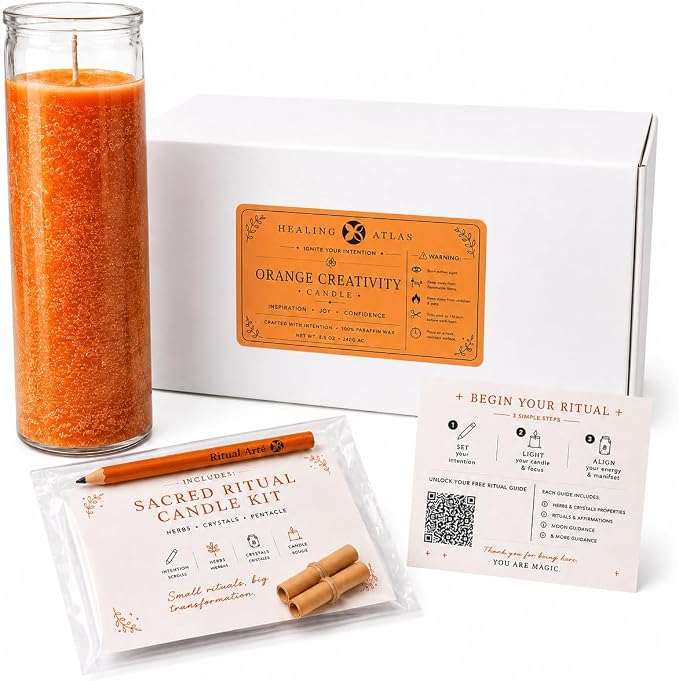 Ritual Candle Kit – 8 Inch Manifestation Candle Set in Glass Jar with Intention Scrolls, Pencil & QR Ebook Guide for Meditation, Energy Cleansing & Spiritual Gifts (Orange Creativity)