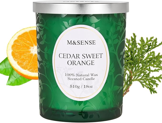 M&SENSE Cedarwood Orange Christmas Candle, Cracking Wooden Wick | Soy Wax, 18oz, 100 Hours Long Lasting, Winter Holiday Aromatherapy, Gifts for Women