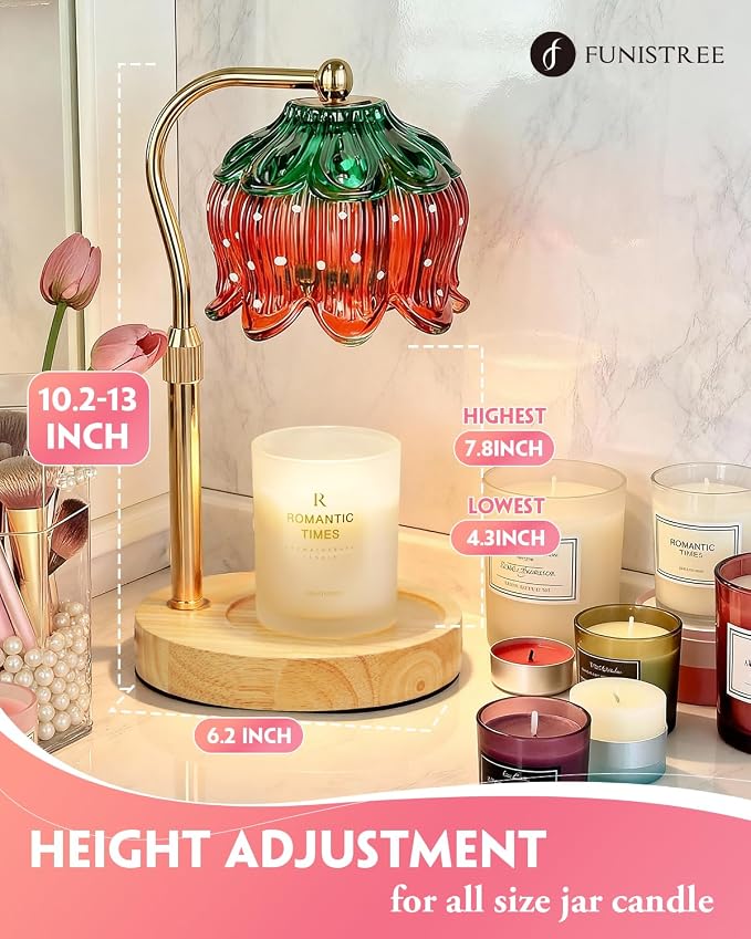Funistree Flower Candle Warmer Lamp with Timer, Dimmable Candle Lamp Warmer, Christmas Birthday Gifts for Women Mom Her, Housewarming Home Decor, Lotus Wax Warmer for Yankee - Strawb Flower 10 Inch