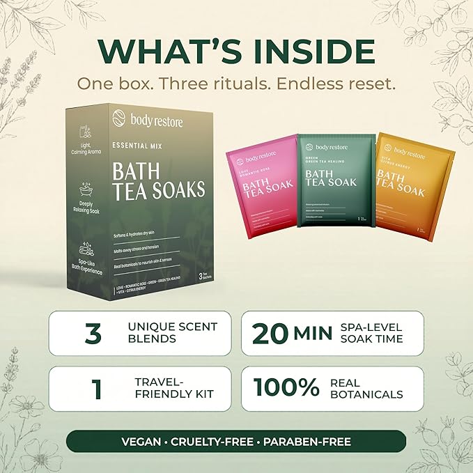 Body Restore Bath Tea Soaks Gift Set – Spa Gifts for Women, Mom, Wife & Self Care Lovers – Relaxing Botanical Bath Sachets for Stress Relief & Hydrated Skin – Essential Mix (3 Pack)