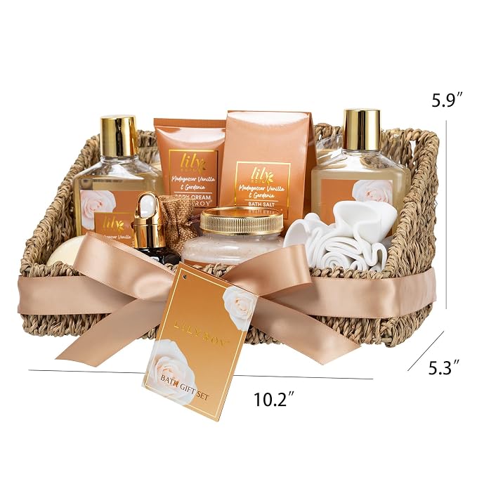 Gifts for Women, Birthday Gift - Vanilla Spa Gift Basket for Women, Mothers Day Gift Basket for Mom, Bath and Body Gift Basket Set, Spa Kit | Gifts for Christmas, Valentines Day Gift Sets for Her
