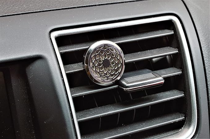 Wild Essentials Sunflower Mandala Essential Oil Car Vent Diffuser, Stainless Steel Locket Pendant with 8 Color Refill Pads, Customizable Color Changing Air Freshener for Aromatherapy
