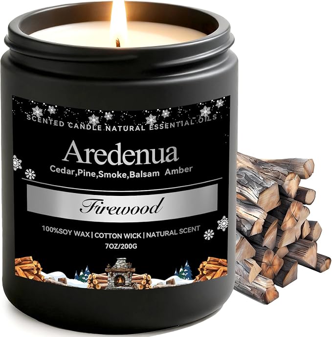 Firewood Candle – Winter Candles | Holiday Scented Candles, 7oz Jar Soy Candle for Home Scented - 50H Burn - Smoky Fireplace Cozy & Warm Scent, Christmas Holiday Décor Gifts for Women & Men