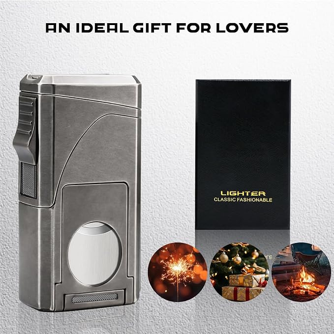 6-in-1 Triple Jet Butane Torch Lighter Built-in V & Straight Cutter, Punch, Holder, Draw Enhancer, Refillable Lighters and Windproof Gas Lighter for Candles, Cool Lighter for Men (No Gas)