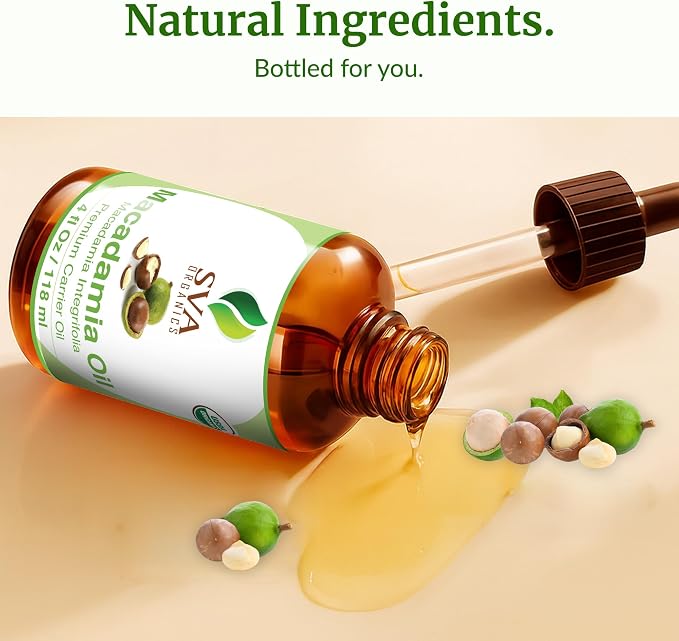 SVA Macadamia Seed Oil Organic - 4 Fl Oz – 100% Natural Cold Pressed Organic Macadamia Oil - for Face, Skin Care, Hair Care, Scalp Massage & Body Massage – Carrier Oil with Dropper