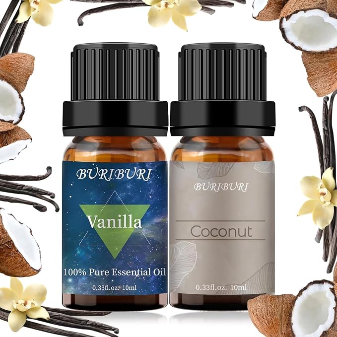 BURIBURI Vanilla Essential Oil and Coconut Oil Essential Oil, 2Pack Essential Oil Set, 100% Pure, Natural Essential Oils 10ml for Diffusers, Masage, Candle Making Soap Making