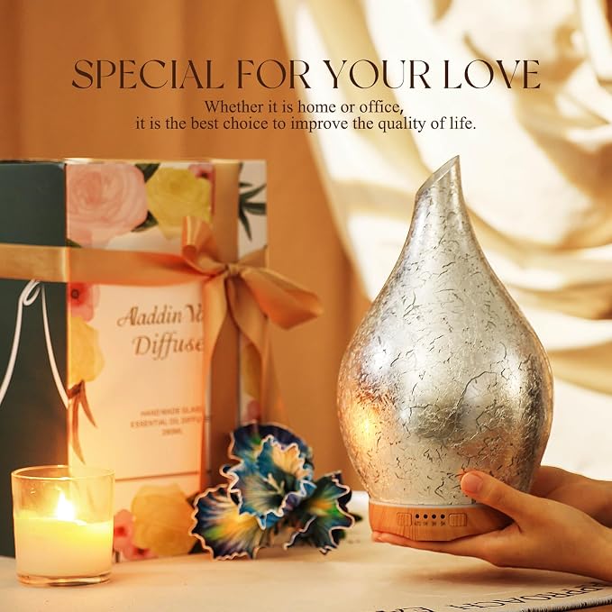 Porseme 280ml Essential Oil Diffuser, 3D Glass Aromatherapy Diffusor, Ultrasonic Cool Mist BPA Free Aroma Humidifier with Timer and Color Changing Function, Waterless Shut-Off for Home Office Room