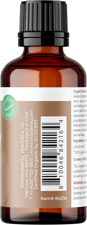 Viva Doria Caraway Essential Oil, USDA Certified Organic Caraway Oil, 100% Pure, Natural Essential Oil, Undiluted, for Aromatherapy | Food Grade, 30 mL (1 Fluid Ounce)