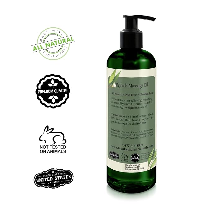 Refresh Massage Oil for Massage Therapy with Eucalyptus & Peppermint Essential Oils - All Natural, Great for Sore Muscles. Ideal for Full Body Relaxation – Nut Free Formula 16oz (Pack of 2)