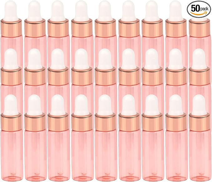 Sample Dropper Bottles, Mini Dropper Bottles with 50 Pcs Plastic Droppers for Traveling Essential Oils DIY Cosmetic Liquid Sample Perfume (Rose Pink, 5ML)