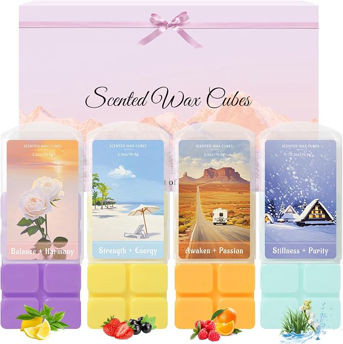 SCENTORINI Wax Melts, Wax Cubes Strong Scent for Healing Relax, Summer Scented Wax Melts for Warmer - Lemon Green Tea/Strawberry Blackcurrant/Raspberry Orange/Ocean Grass Bellflower, 2.5 oz 4-Pack