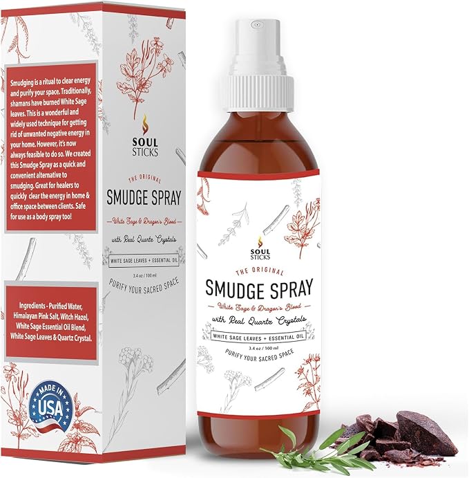 SOUL STICKS White Sage & Dragon’s Blood Smudge Spray – 3.5oz Smokeless Energy Mist with Quartz Crystals – Protective Smudging Spray for Aura Cleansing & Home Energy Clearing