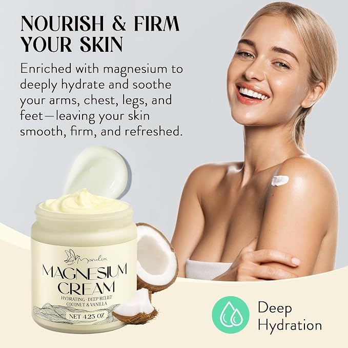 Magnesium Cream for Sleep - Topical Magnesium for Women, Muscle Relaxation, Calm, Moisturizing with Coconut Oil, Shea Butter & Hyaluronic Acid, 4.23 OZ, Safe for Kids (4.23 Ounce, Coconut)