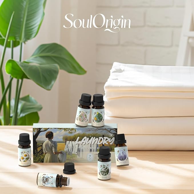 Soulorigin Laundry Fragrance Oils Set, Essential Oil Gift Set for Diffuser, Clean Scent Diffuser Oil, Use with Wool Dryer Balls or Diffuser,Chamomile, Fresh Cotton, Sage, Cedar, Lavender, Cherry Soap