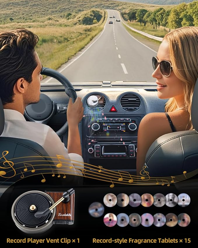 Record Player Car Air Freshener Vent Clip with 15pcs Refill Pads, Retro Floral Aromatherapy Diffuser for Taylor Merch Gift, Air Freshener Car Decor Accessories, Music Lovers Gifts