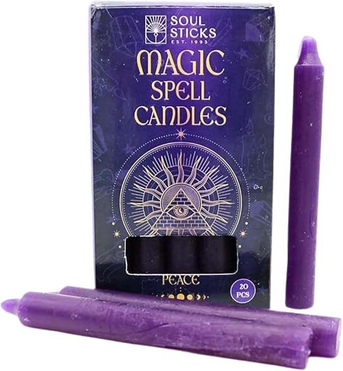 SOUL STICKS Peace Magic Spell Chime Taper Candles 20 Pack - Ideal for Altar, Rituals, Ceremonies, Meditation Purple Candle for Witchcraft Supplies, Wiccan, Unscented Candles Clearance