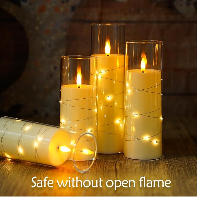 Eebuss Flameless Candles with Embedded Star String, Battery Operated LED Pillar Candles with Timer and Remote Control,Home Decorating for Ambiance, Set of 7(Ivory)