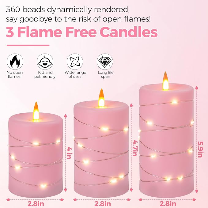 Rose Pink Flameless Candles with String Lights Battery Operated Flickering LED Pillar Candles with Remote Control Timer, Set of 3 for Living Room, Table Décor, Christmas Weddings