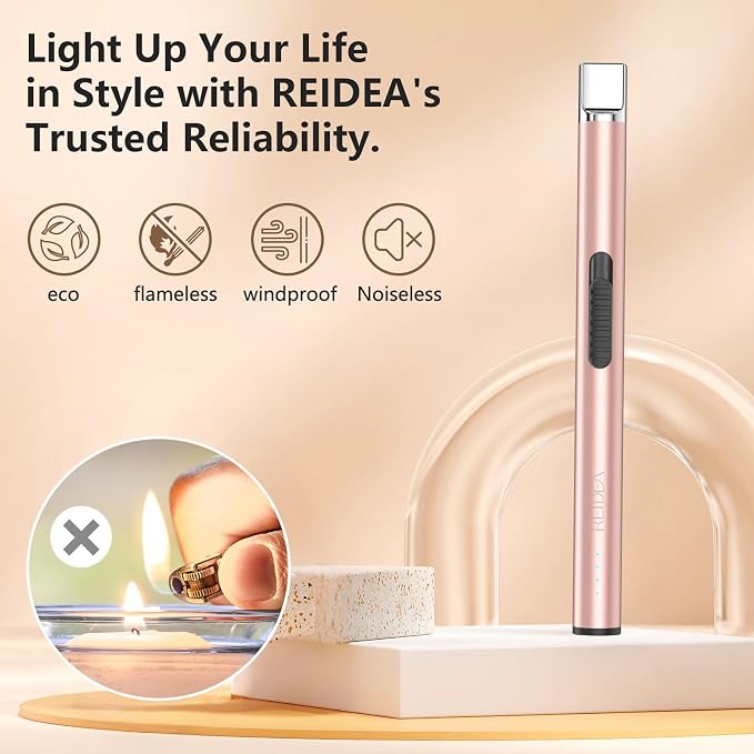 REIDEA Candle Lighter Long USB Rechargeable Arc Windproof Flameless with Safety Switch Buttom for Home Kitchen BBQ Camping Stove