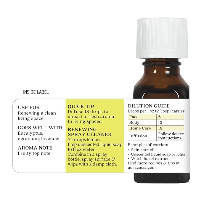 Aura Cacia Lemon Essential Oil, Citrus Limon Oil, Bright Aromatherapy for Diffusers, Room Sprays, Skincare, Custom Blends | 0.5 Fl Oz (Pack of 1)