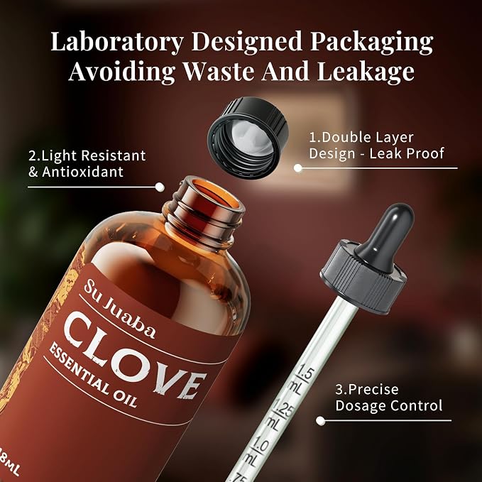 SU JUABA Clove Essential Oil 4 Oz, Aromatherapy Oil for Oral Care, Teeth & Gums, Diffuser, Skin, Hair - 118ML