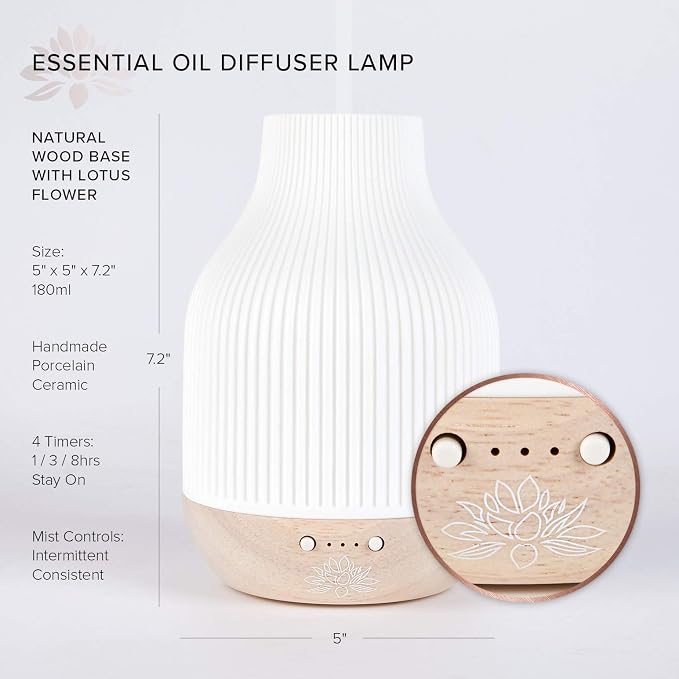Sacred Lotus Love Ceramic Essential Oil Diffuser – Ultrasonic Aroma Diffuser with Wood Base, Ambient LED Light and Timer Settings