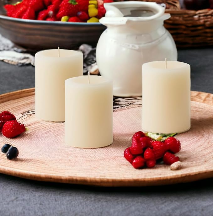 Mister Candle Dripless Unscented Ivory Pillar Candles, Set of 3 Hand Poured Solid Color Non-Scented Candles for Home Decor, Premium Wax, 60 Hr Burn Time - 3x4 Inch, Ivory