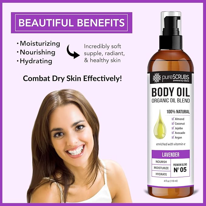 pureSCRUBS Ultra Moisturizing Lavender Body Oil for Dry Skin, Lightweight Full Body Moisturizer for Soft, Silky Skin, Massage & Cuticle Oil, Vitamin E Enriched, 4 oz