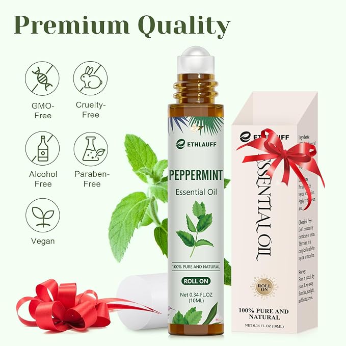 Peppermint Essential Oil Roll On, Natural Aromatherapy Oil Blend Roller with Fresh Minty Aroma - Headache, Stress Relief, Self Care Gifts for Women