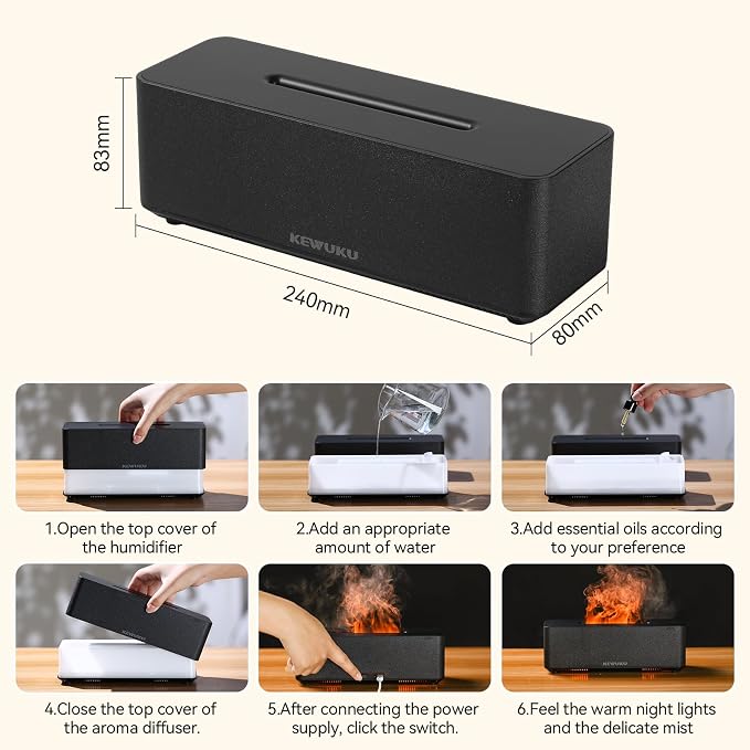 Essential Oil Diffuser and Humidifier with Flickering Flame Light, 10oz,Ultrasonic, Quiet, Auto Shut Off for Bedroom, Office, Yoga
