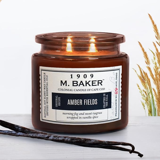 Colonial Candle Amber Fields Scented Candle, 2-Wick Natural Soy Blend Wax Candle Infused with Essential Oils, 14 oz Apothecary Glass Jar Candle - Made in The USA