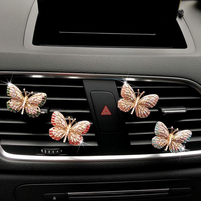 Bling Butterfly Car Air Vent Clip, Cute Rhinestone Air Freshener Clip, Glam SUV Outlet Vent Decorations, Charm Car Inter Decor Accessories for Girls Women (Blue + Purple)