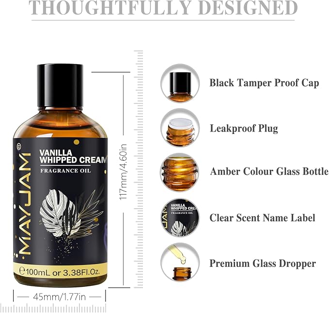 Vanilla Whipped Cream Fragrance Oil Essential Oil, MAYJAM 3.38FL.OZ Vanilla Whipped Cream Oil for Diffusers for Home, Long Lasting Scented Oils for Soap Candle Making - 100ML
