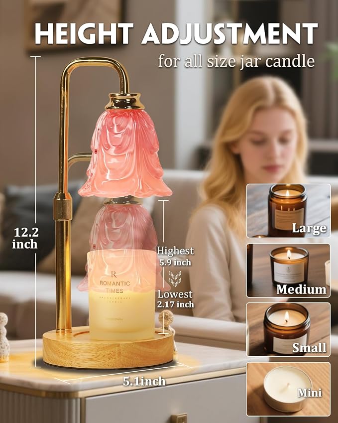 Small Candle Warmer Lamp with Timer, Adjustable Pink Flower Candle Heat Lamp, Unique Women's Gifts for Birthday, Dimmable Candles Heater, Fashion Wax Warming Light with Wood Base