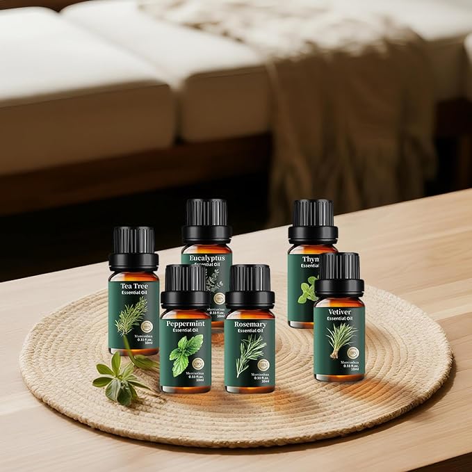 Essential Oils Set 6x10ml, Pure Eucalyptus Peppermint Tea Tree Rosemary Thyme Vetiver – Aromatherapy for Diffuser, Skin, Hair, Candle & Soap Making, Natural Air Purifier & Outdoor Protective Barrier