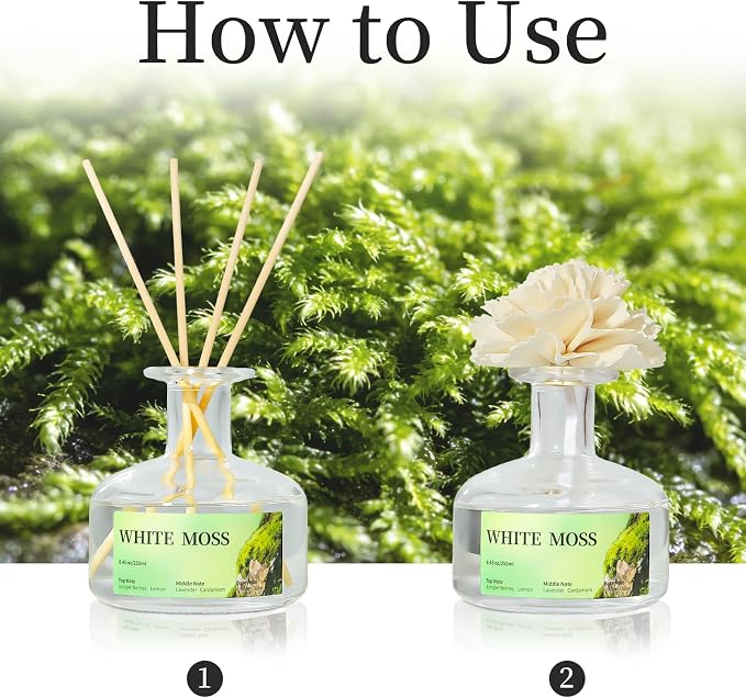 8.45 oz White Moss Scent Diffusers with 6 Reed Sticks,250ml Reed Diffuser for Bathroom Room Air Freshener, Last up for 50 Days