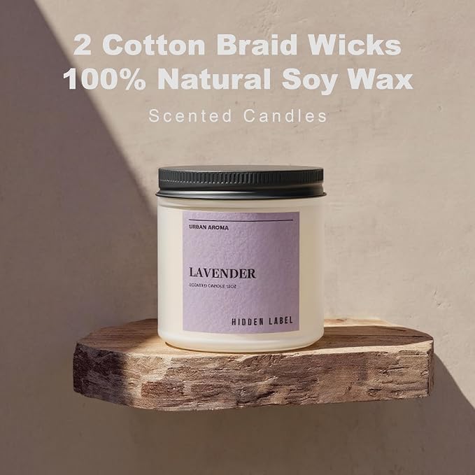 Hidden Label Lavender Soy Candle, 12oz 2-Wick, 70H Sleep & Calm | Non-Toxic Natural Wax, Paraben & Phthalate-Free, Clean Burn | Elegant Decor & Gift-Ready | Restful Nights & Relaxation