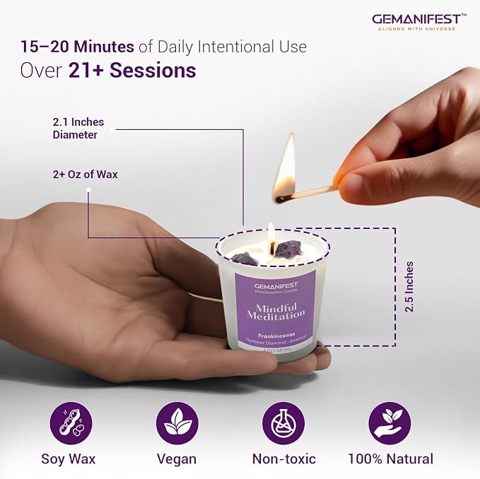 Mindful Meditation Candle with Amethyst and Herkimer Diamond Soy Wax Frankincense Candle for Anxiety Relief Focus Clarity Inner Peace Gifts for Spiritual Seekers Yoga Lovers Wellness Enthusiasts