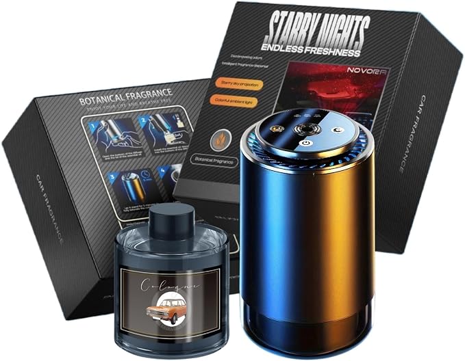 Cologne Car Air Freshener,Aroma Diffuser with Starry Sky Projection,Smart Humidifier with Essential Oil 50ml,Auto On/Off,Built-in Battery,7-LED Color/USB-C Car Fresheners for Auto,Home,Office
