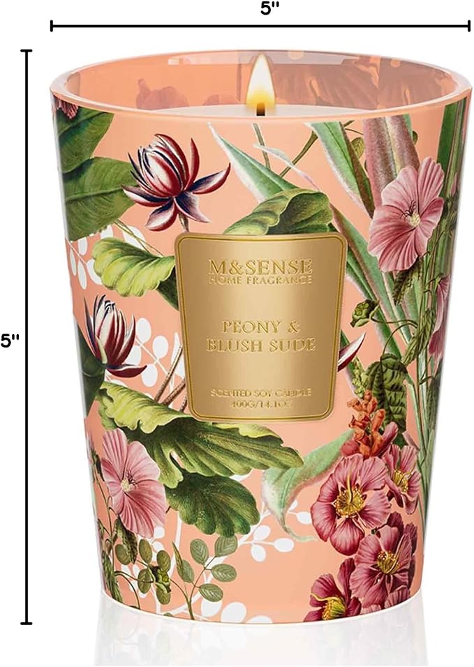 M&SENSE Peony Blush Sude Natural Soy Scented Candle, 14.1oz 60H Non-Toxic Slow Burning Candle, Summer Unique Floral Perfect Present for Women