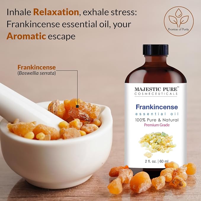 Majestic Pure Essential Oil with Glass Dropper - 100% Pure and Natural - Essential Oils for Diffuser, Aromatherapy, Soap and Candle Making, Frankincense Essential Oil, Frankincense Oil, 2 Fl Oz