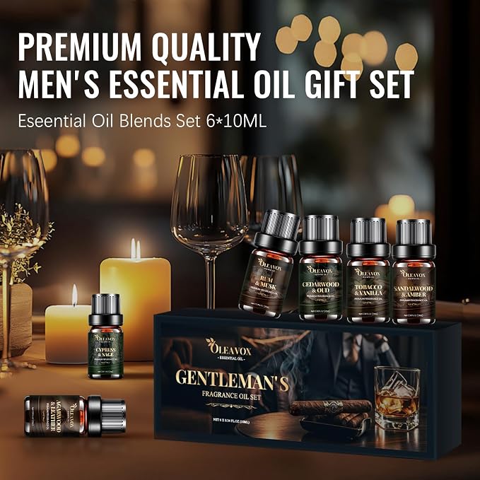 Men Essential Oils Gift Set, Premium Fragrance Oil for Diffusers for Home, Candle & Soap Scents,Agarwood & Leather,Tobacco & Vanilla, Sandalwood & Amber, Cypress & Sage, Rum & Musk,Cedarwood & Oud