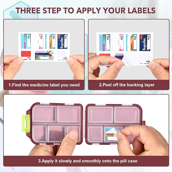 Medicine Pill Organizer with 189 Labels, 10 Compartments Travel Pill Box, Mini Case, Compact Container for Purse (Brown)