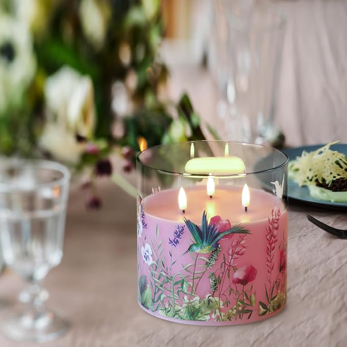 Eywamage 3 Wick Flameless Candle with Remote, Pink Hummingbird Floral Glass LED Candle, Large Battery Pillar Candle Φ 6" H 6"