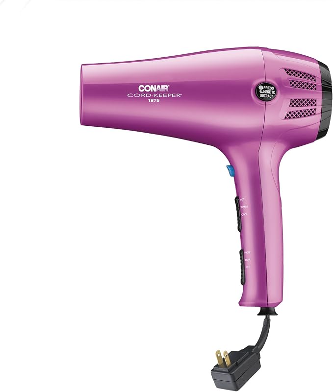 Conair HairDryer with Retractable Cord, 1875W Blow Dryer, 3 Heat Settings, 2 Speeds, BlowDryer with Diffuser and Concentrator Attachments, Ionic + Tourmaline Technology, Pink (Pack of 4)