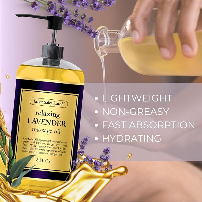Essentially KateS Lavender Massage Oil 8 Fl Oz - Relaxation and Soothing (Lavender) - Expertly Delivers a Well Balanced, Efficacious Formula.
